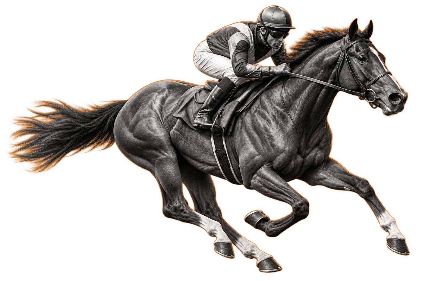 Cavalo de corrida com jóquei em galope para a direita, recortado sobre fundo transparente